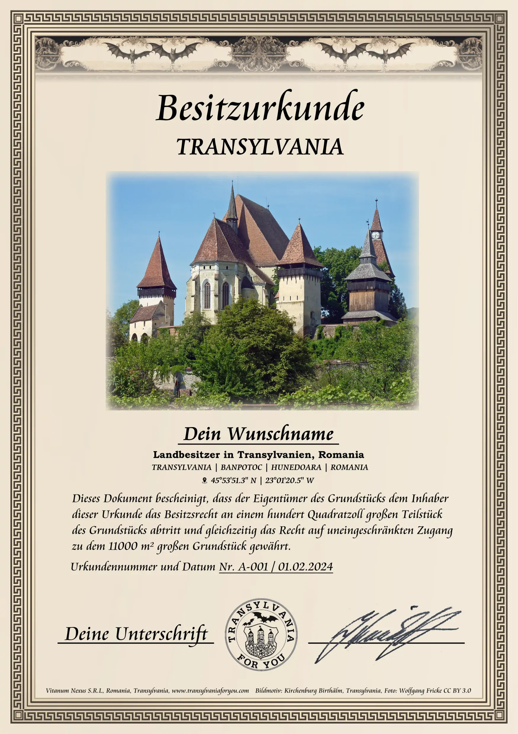 Urkunde mit Bildmotiv: Kirchenburg von Birthälm