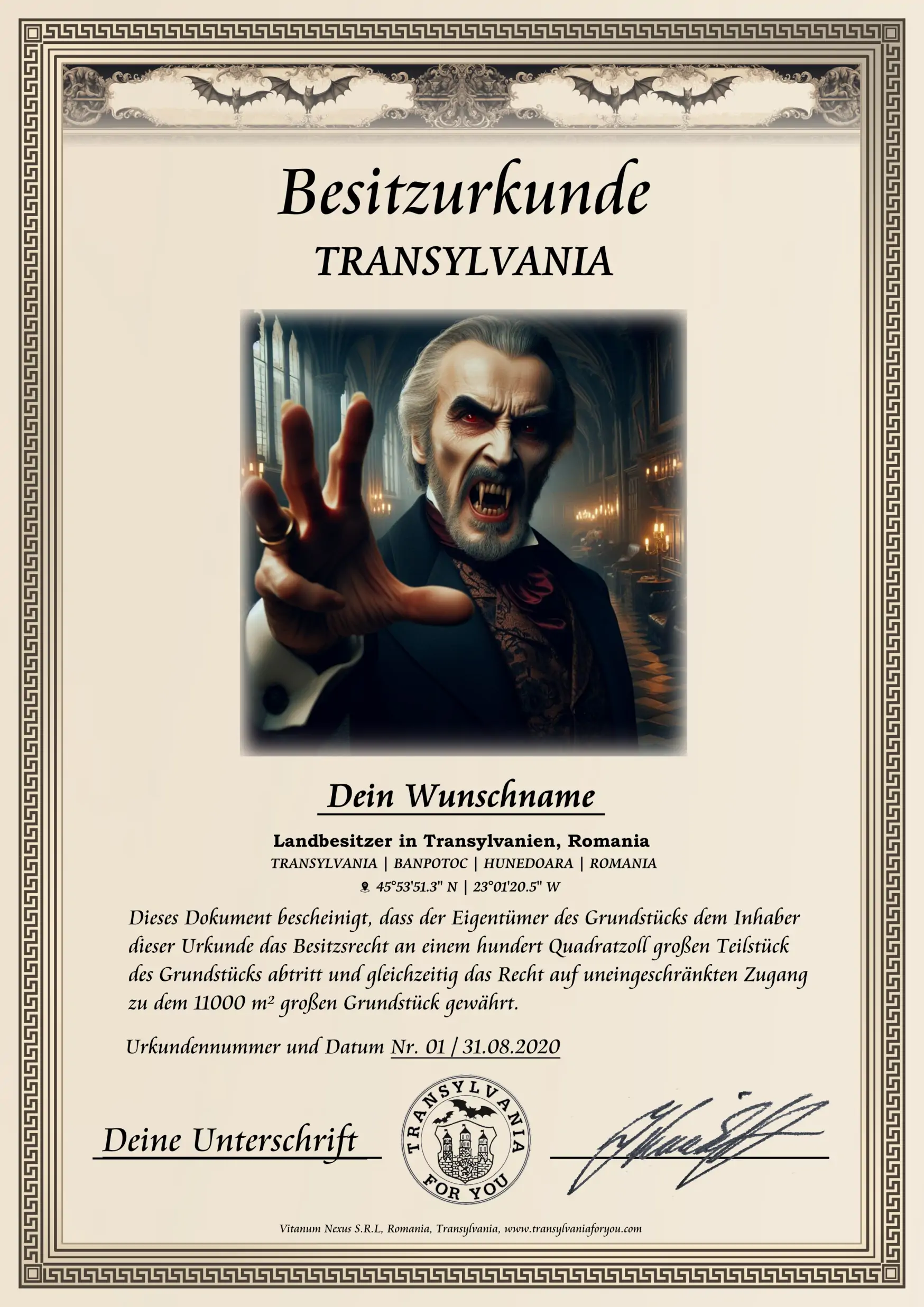 Urkunde mit Bildmotiv: Christopher Lee als Graf Dracula
