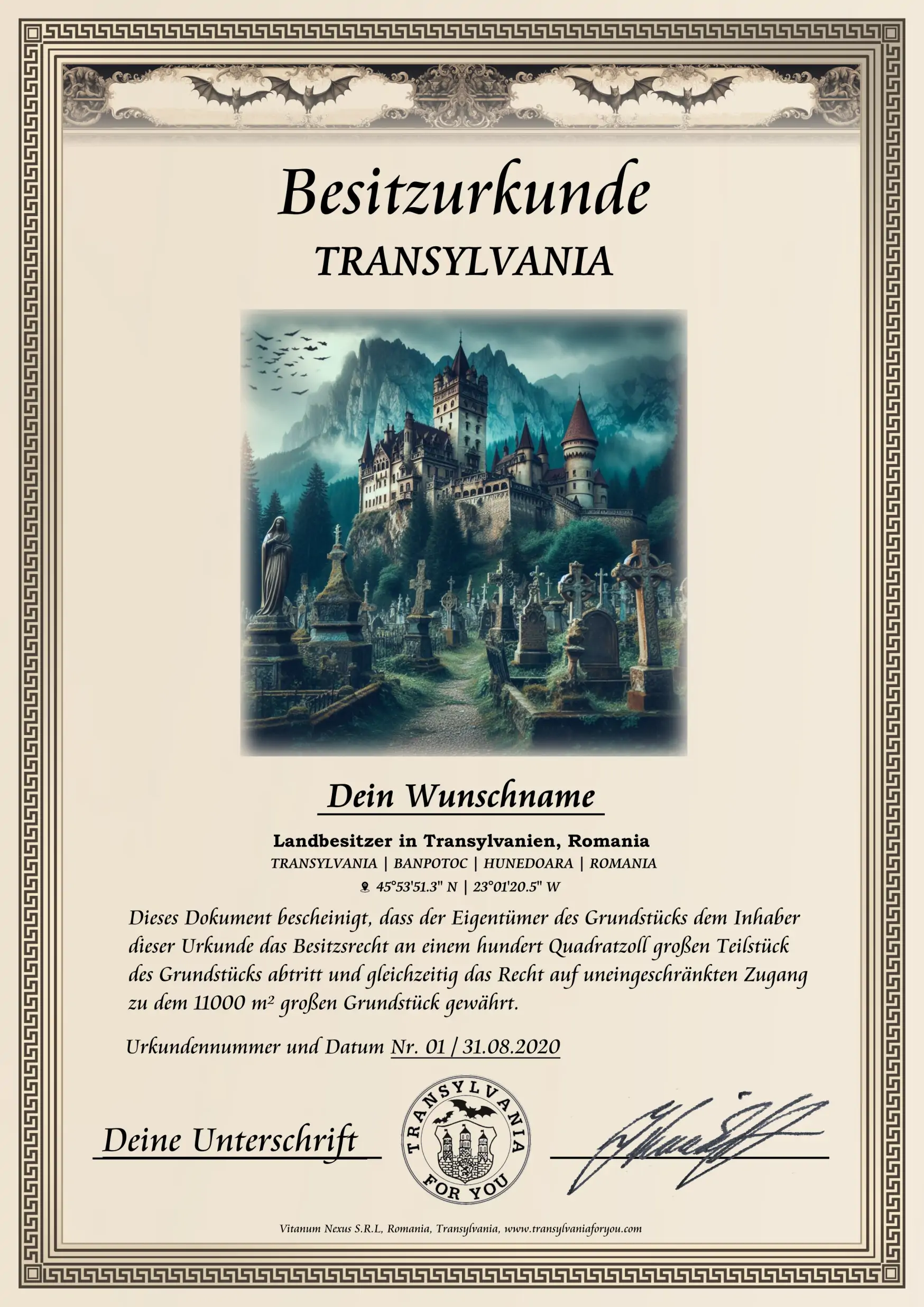 Urkunde mit Bildmotiv: Gothischer Friedhof, Draculaschloss