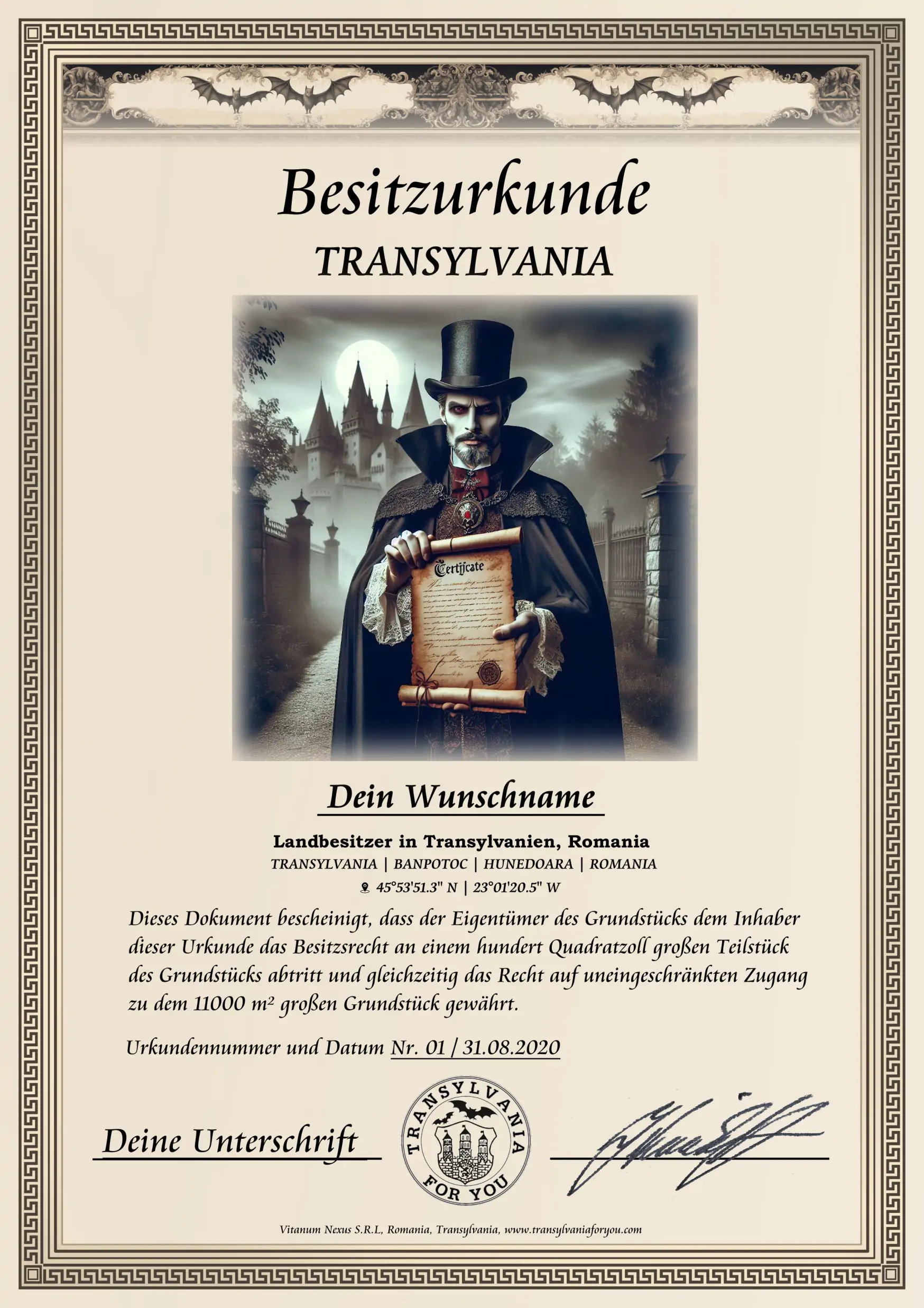 Urkunde mit Bildmotiv: Graf Dracula mit Urkunde
