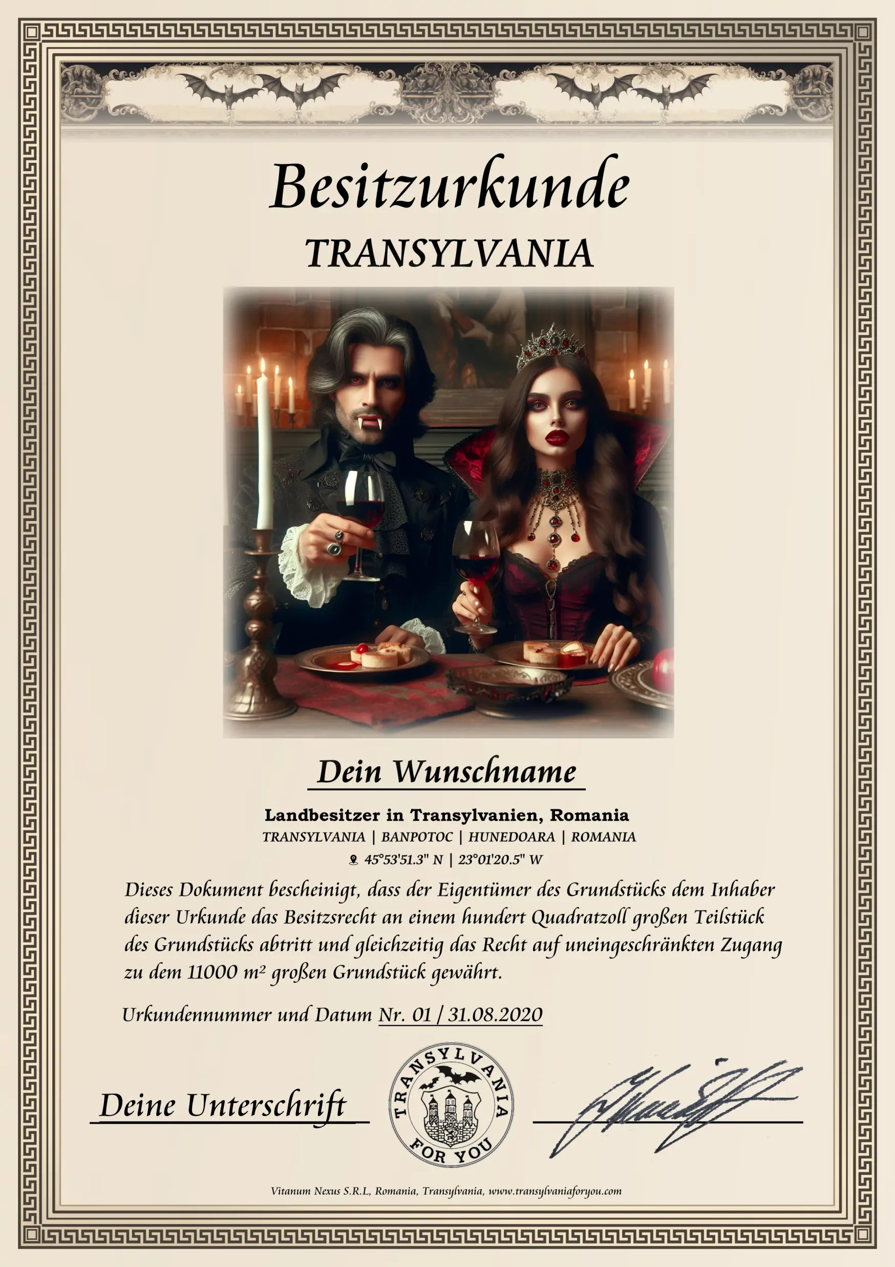 Urkunde mit Bildmotiv: Graf Dracula mit Vampirlady