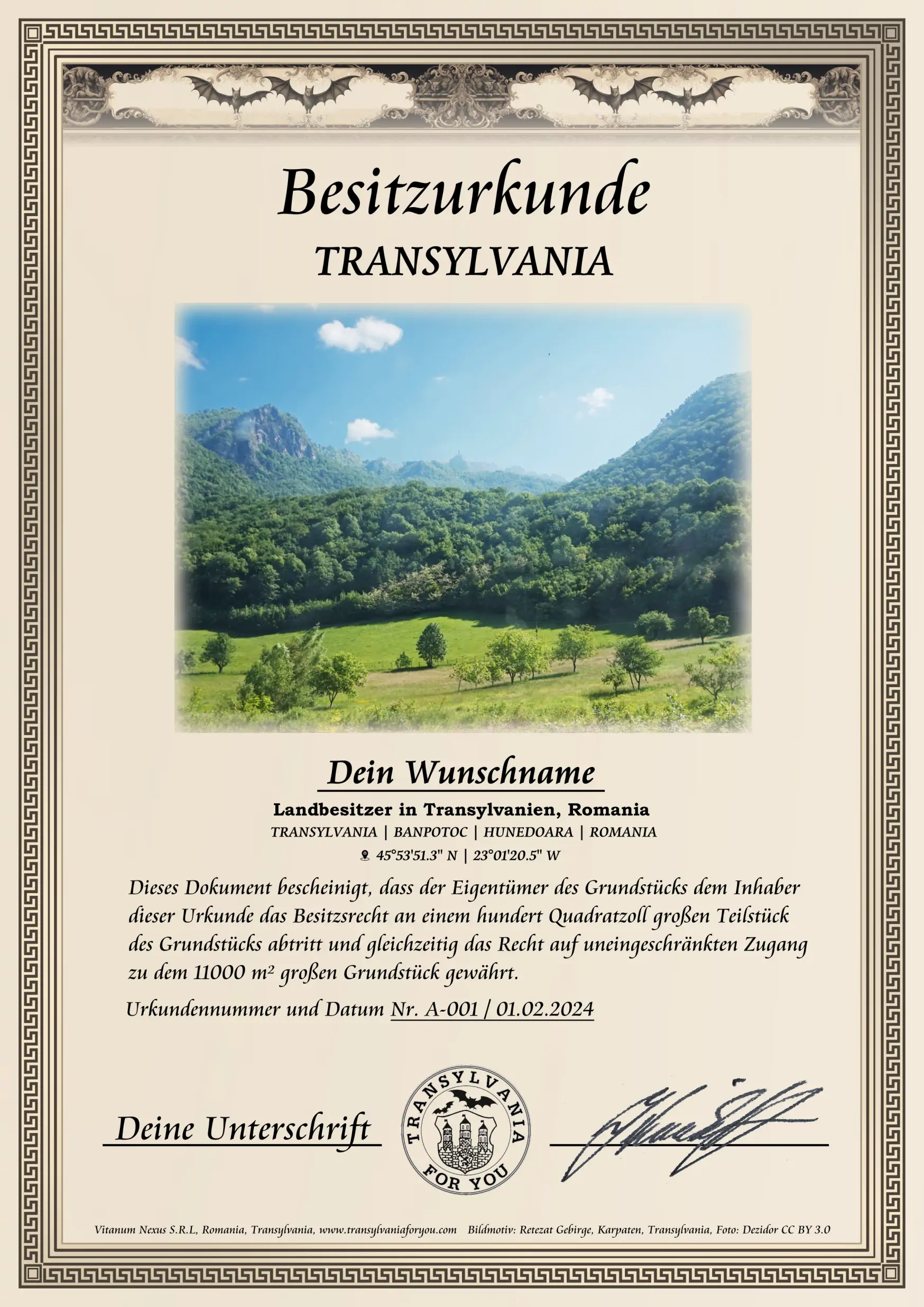 Urkunde mit Bildmotiv: Rumänische Karpaten in Transsilvanien