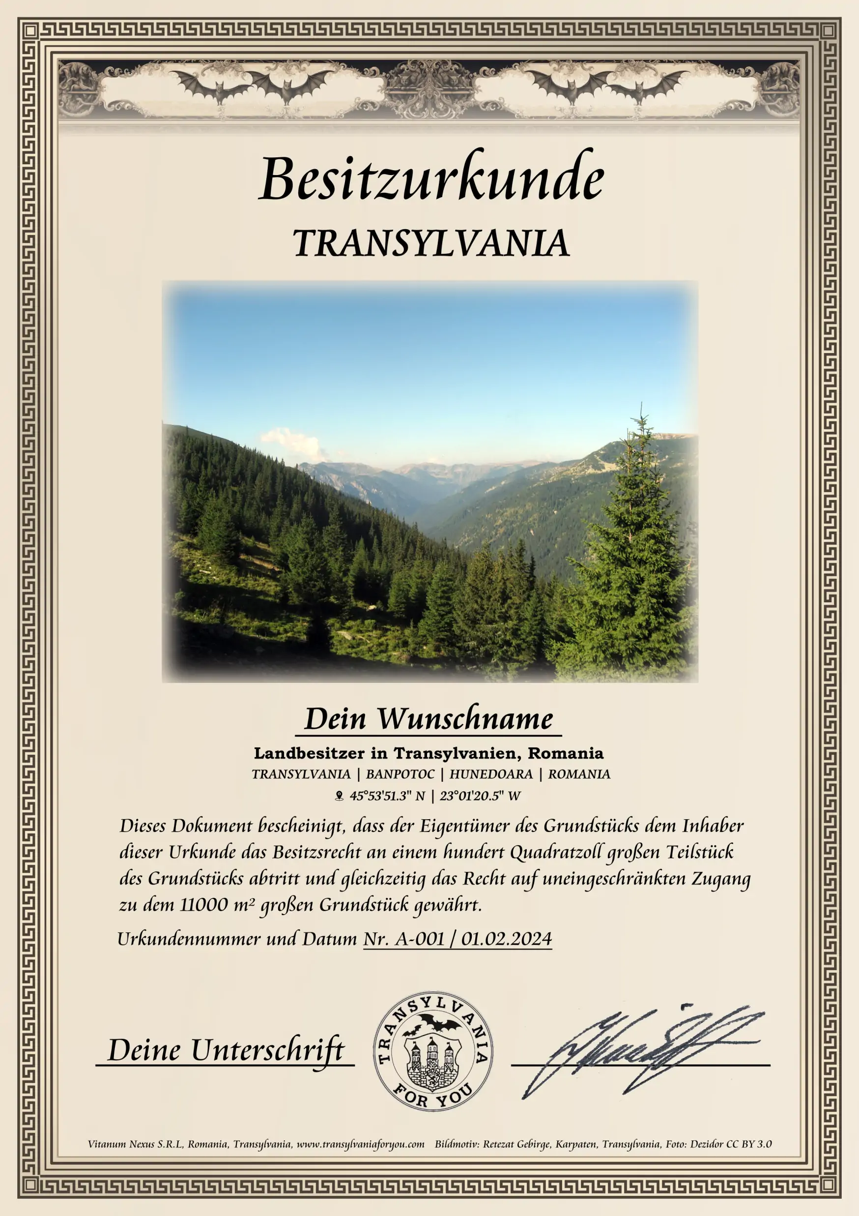 Urkunde mit Bildmotiv: Retezat Gebirge in Transsilvanien